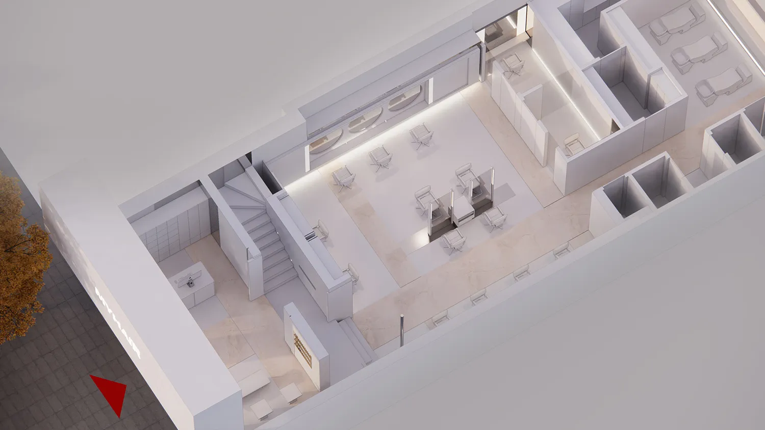 A 2D architectural drawing of a modern office interior with concrete walls, white furniture, and a central open space with ch