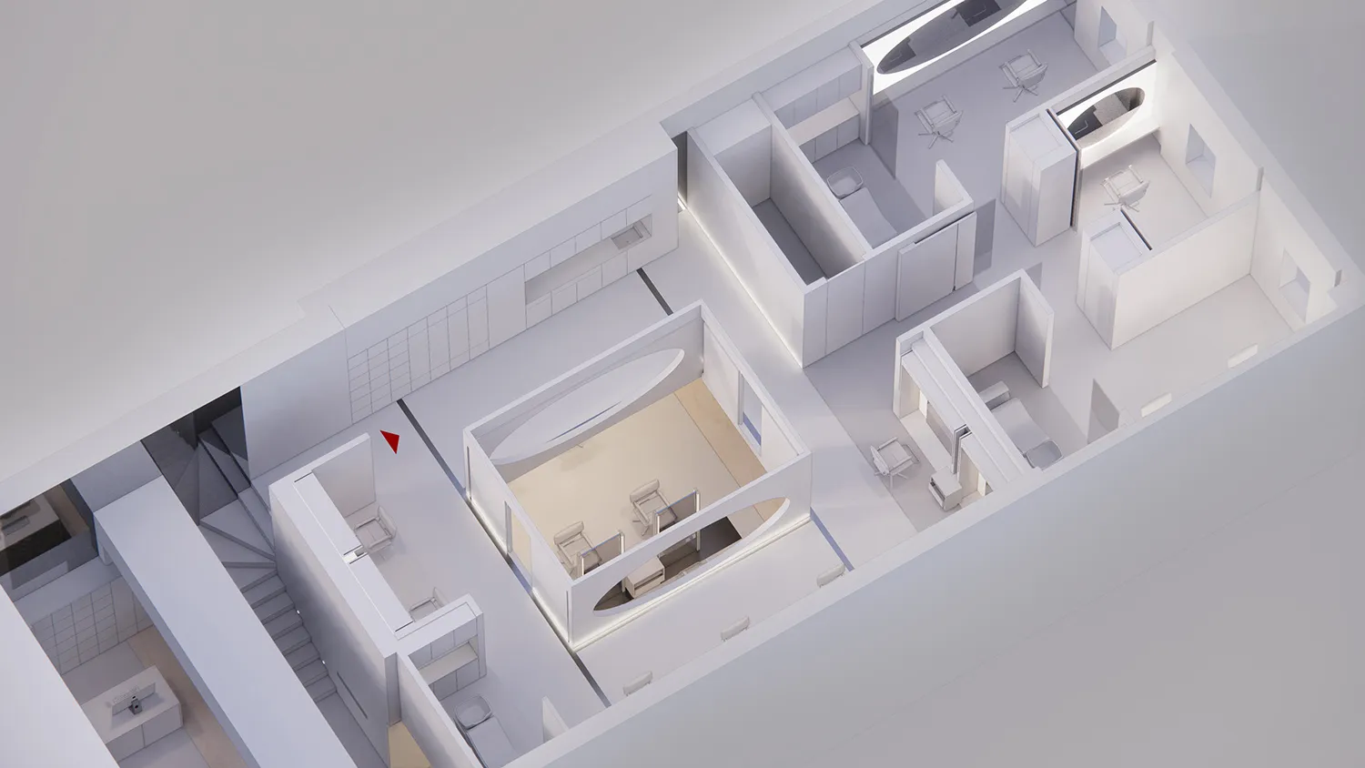 A modern office layout with white walls and neutral colors.