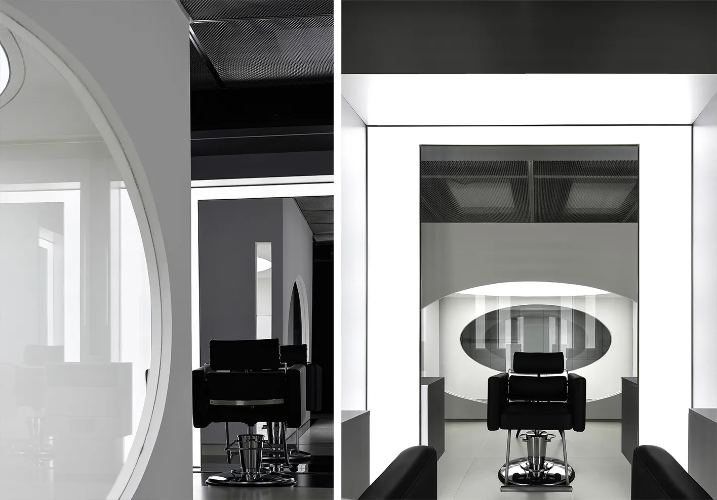 A modern salon interior featuring a sleek, minimalist design with glass walls and steel accents.