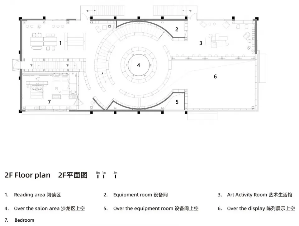 Floor plan of a community center with open spaces and multiple functional areas.