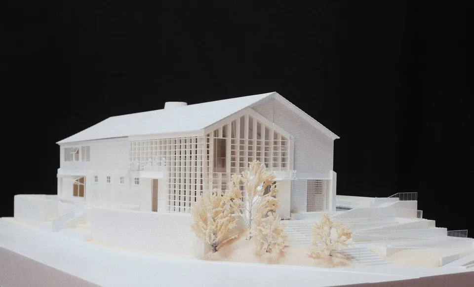 A 3D architectural model of a modern house with white polymer exterior materials and a minimalist design.