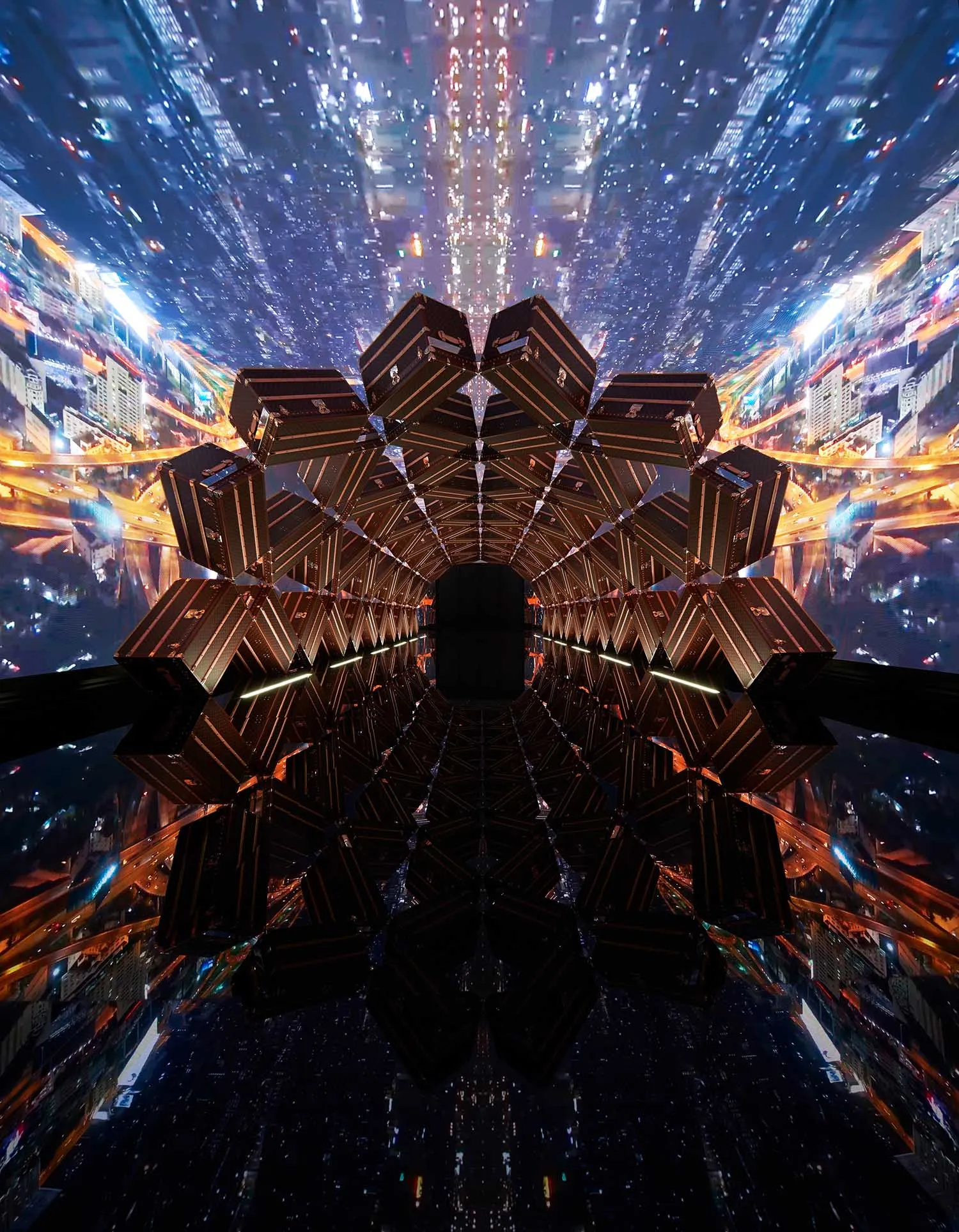 A digital rendering of an abstract infinity tunnel with hexagonal shapes and a symmetrical pattern.
