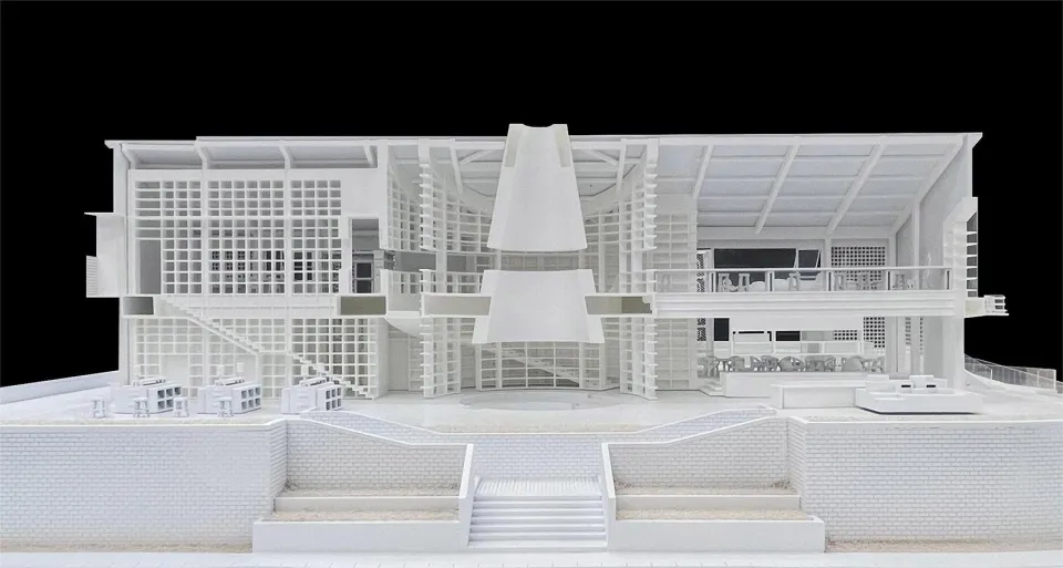 以3D透視呈現的現代白色咖啡廳室內空間。