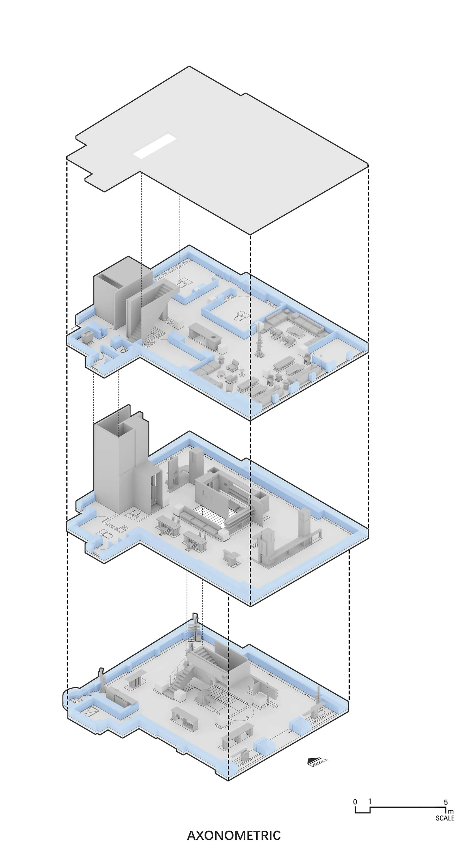 An isometric 3D rendering of an interior space featuring various furniture and architectural elements.
