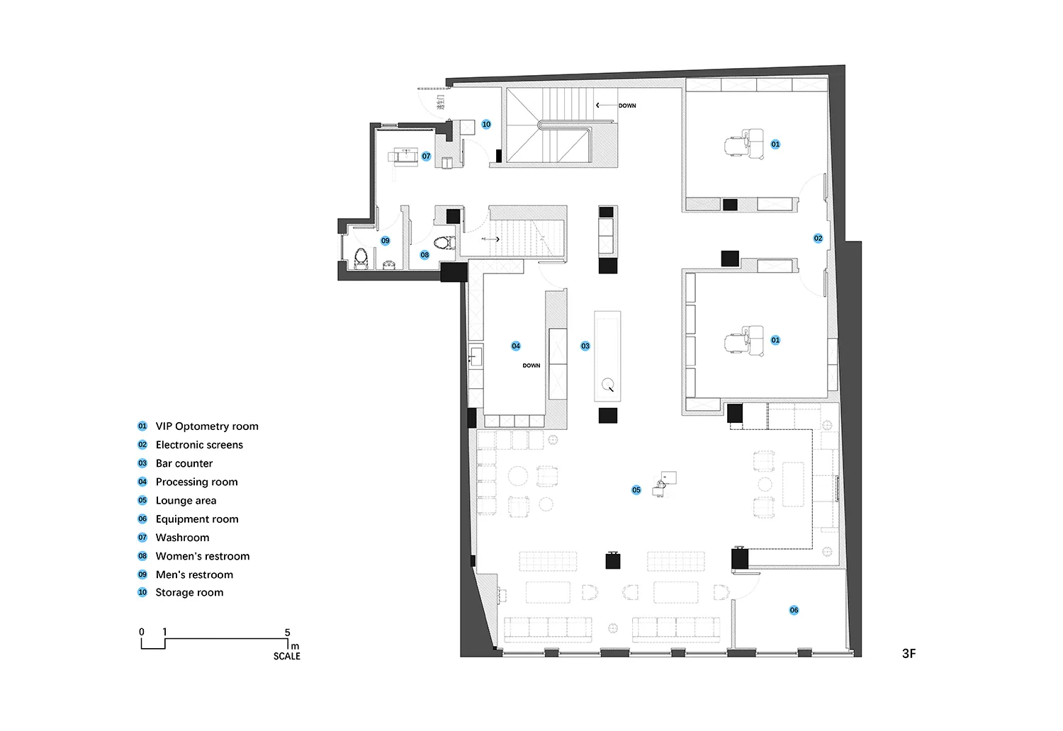 Floor plan of a modern commercial interior with various functional spaces labeled and detailed.