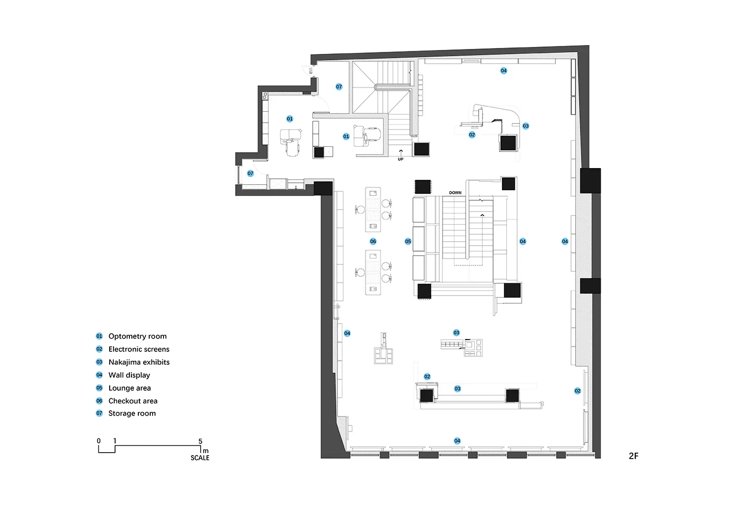 Floor plan of a modern retail storefront featuring glass, concrete, and wallpaper materials.