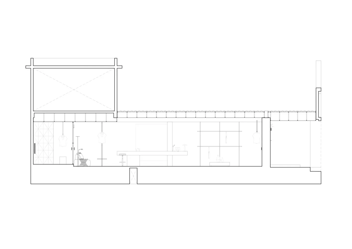 Simplified line drawing of an office space featuring glass and concrete materials