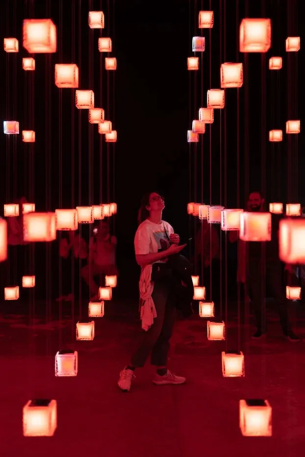 A person standing amidst illuminated light cubes hanging from the ceiling in an immersive installation.
