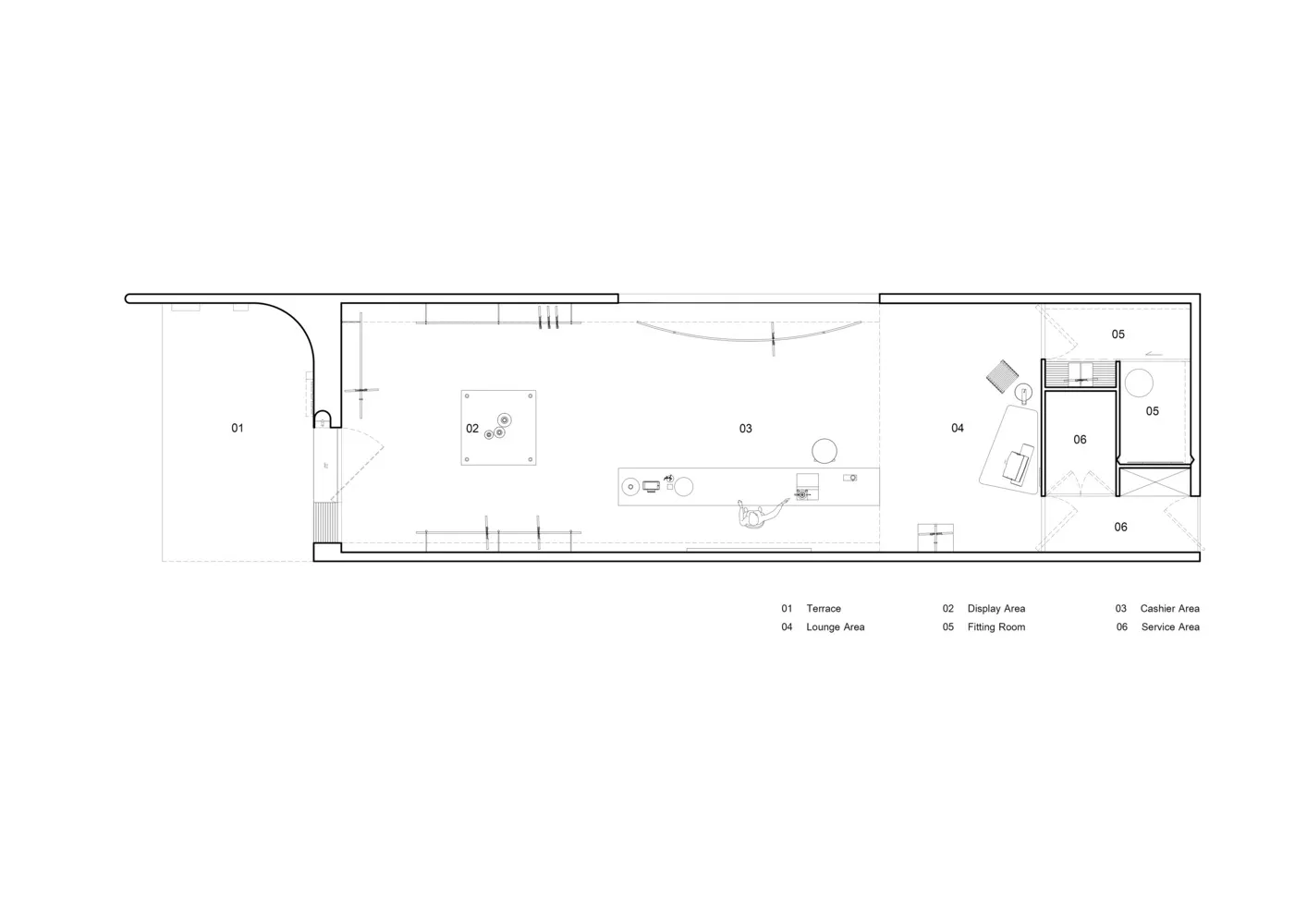 一張現代零售店面佈局的詳細2D建築圖。