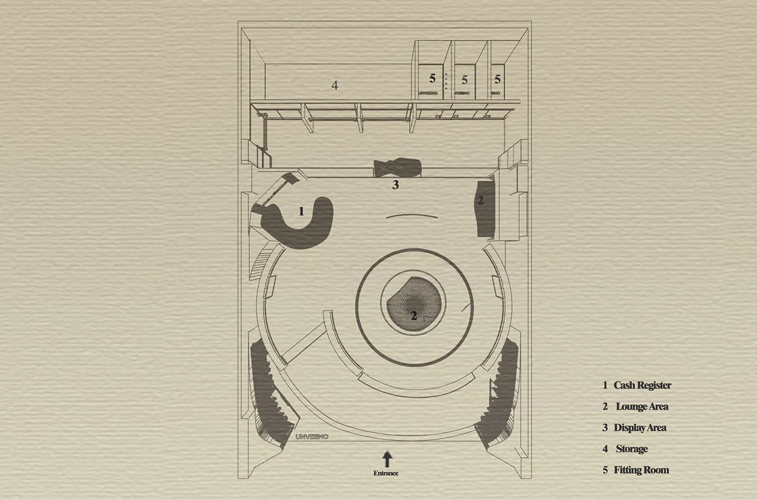 Floor plan of a shop interior with labeled sections for cash register, lounge area, display area, storage, and fitting room.