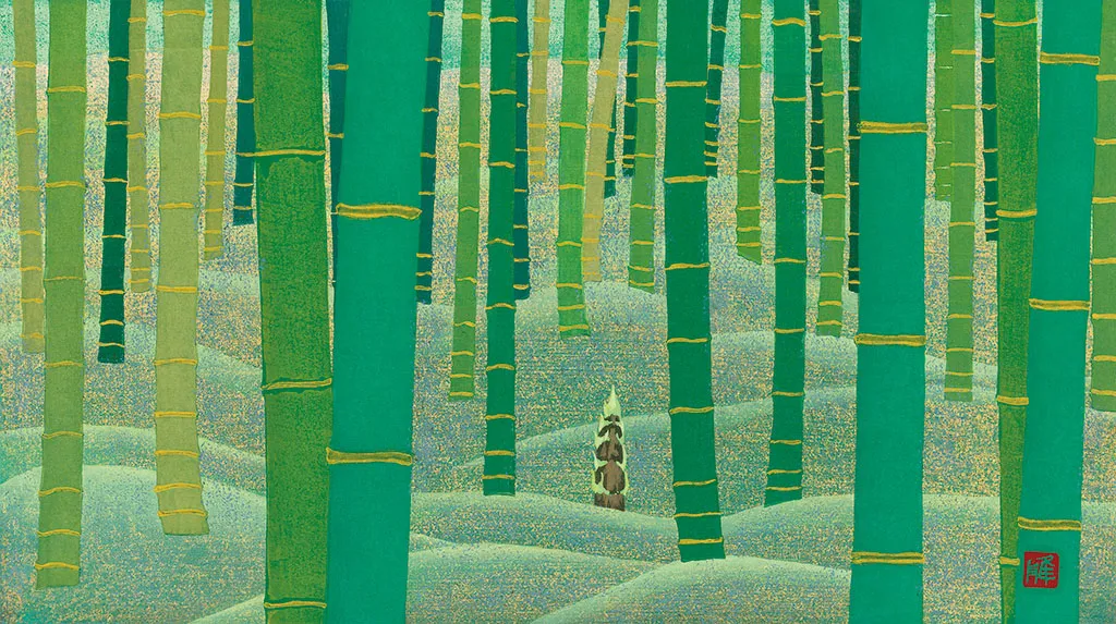 A tranquil bamboo forest scene with tall stalks and a serene atmosphere.