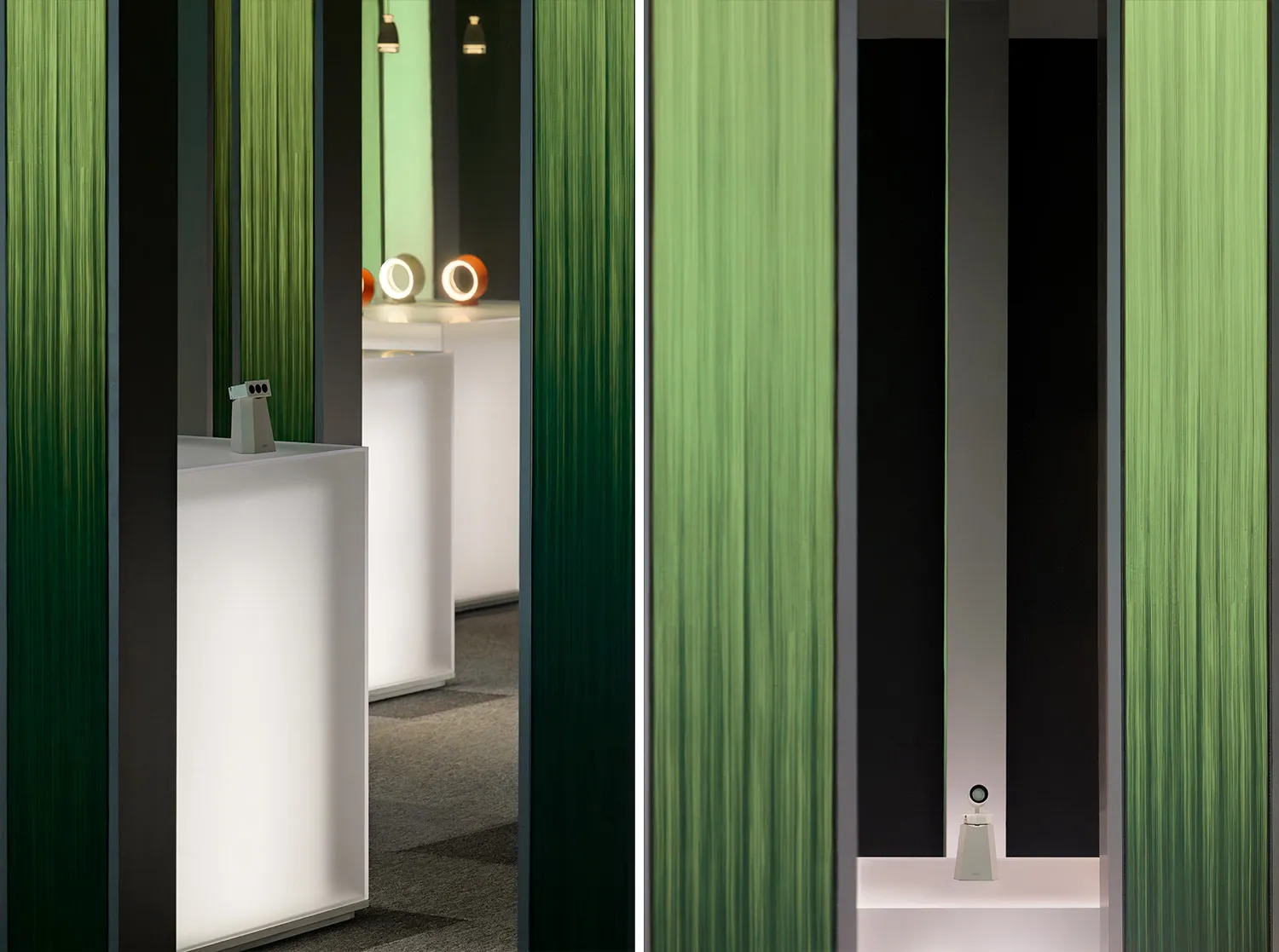 A minimalist interior design featuring green paneling.