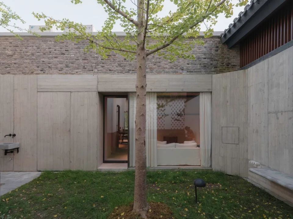 一座極簡住宅建築,擁有混凝土牆面與花園中的單株樹木。