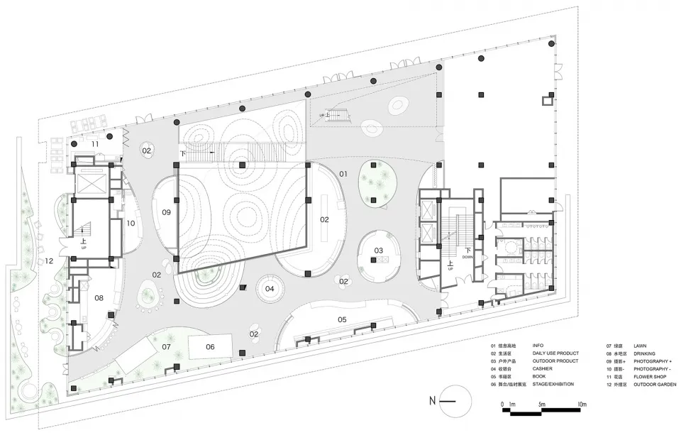 Floor plan of an urban retail shop featuring a central courtyard, retail zones, and support areas.