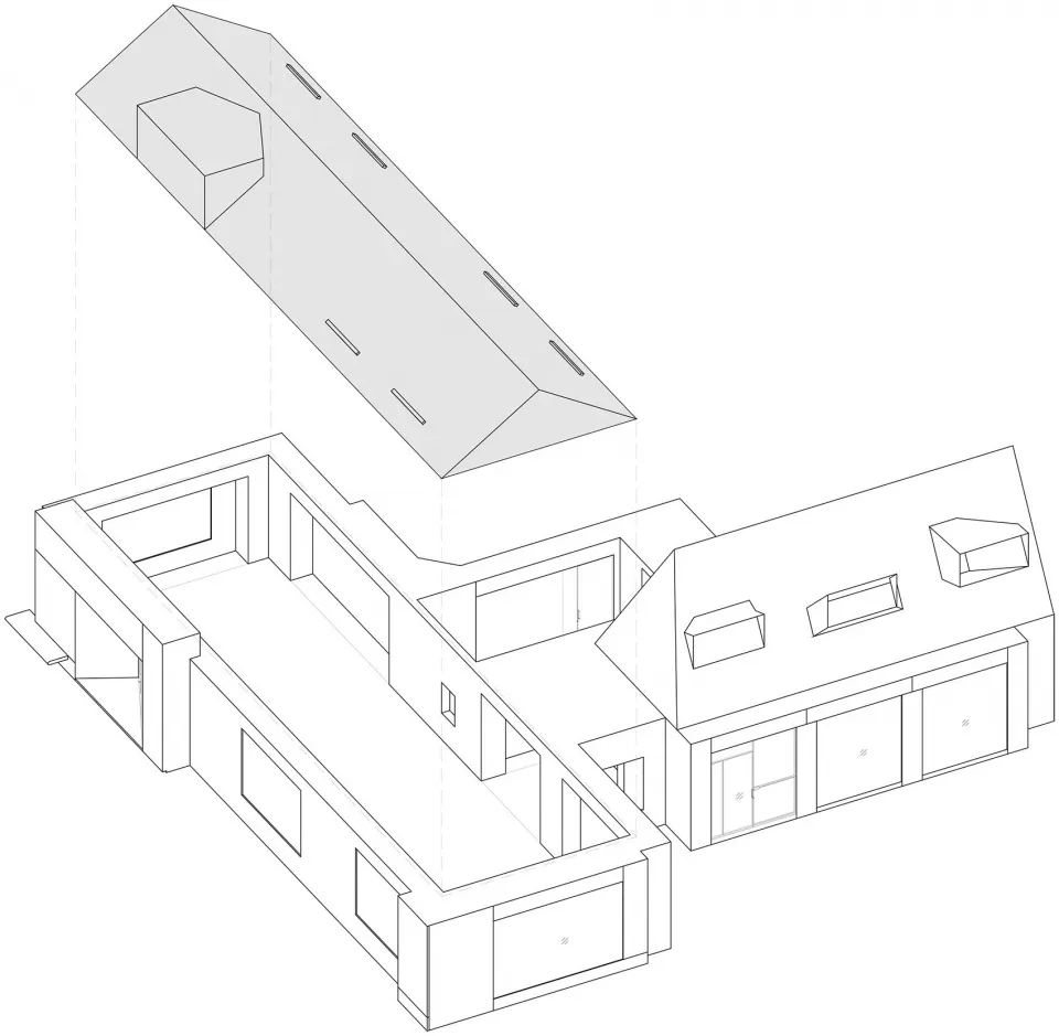 Detailed 2D architectural drawing of a modern residential building featuring a prominent concrete material.
