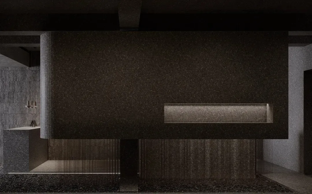 A modern lobby interior with a concrete wall and floor, featuring a minimalist design.