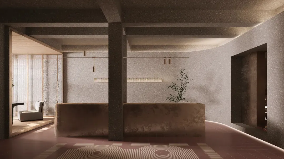 A modern, minimalist lobby with concrete walls and floor, featuring a reception desk and a single plant.