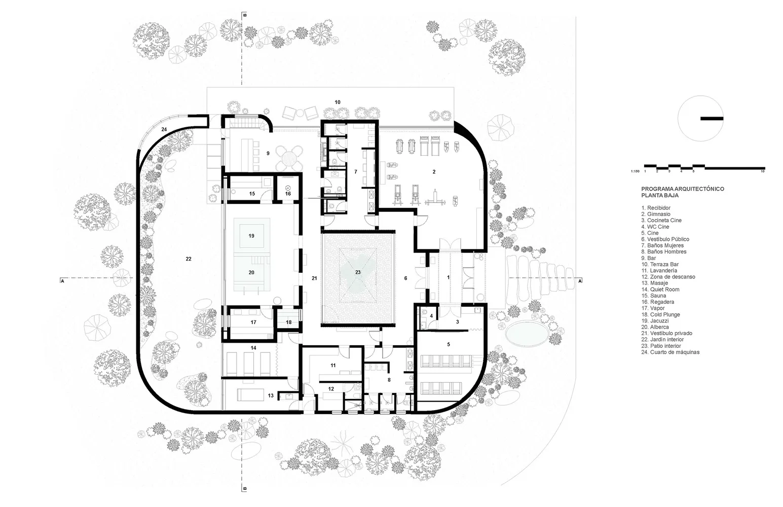 Floor plan of a modern commercial space with concrete, glass, and steel materials