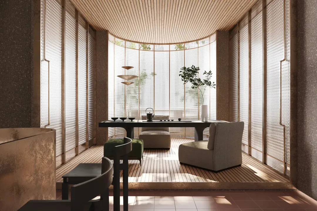 A modern minimalist living room with wooden floors and furniture.