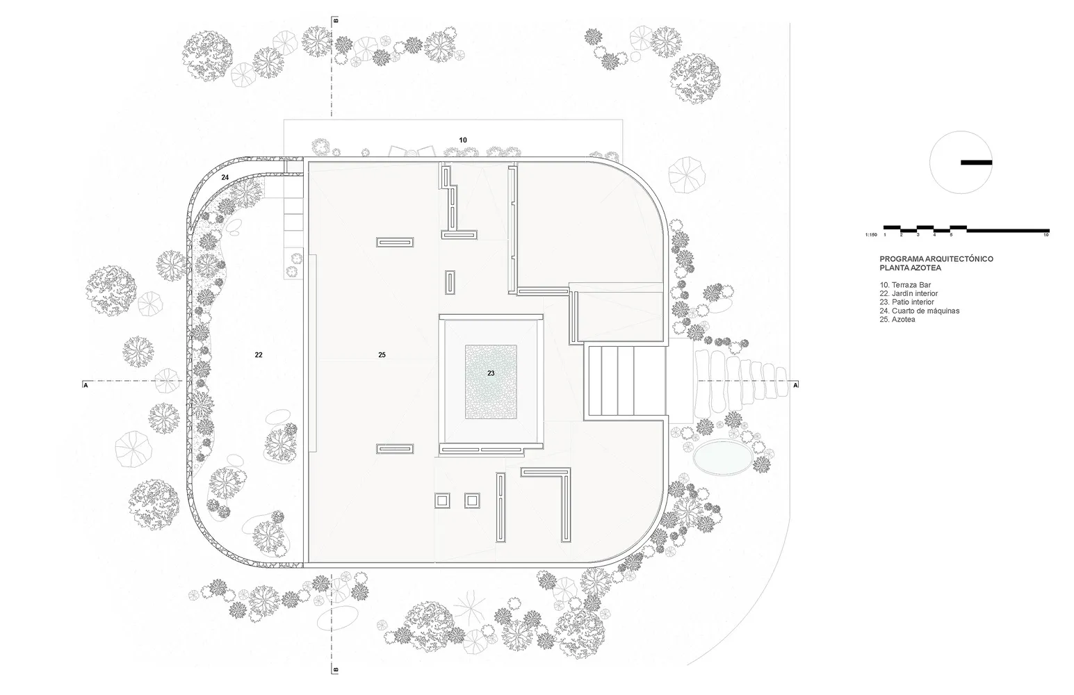 An architectural floor plan featuring a modern building with multiple rooms and outdoor areas.