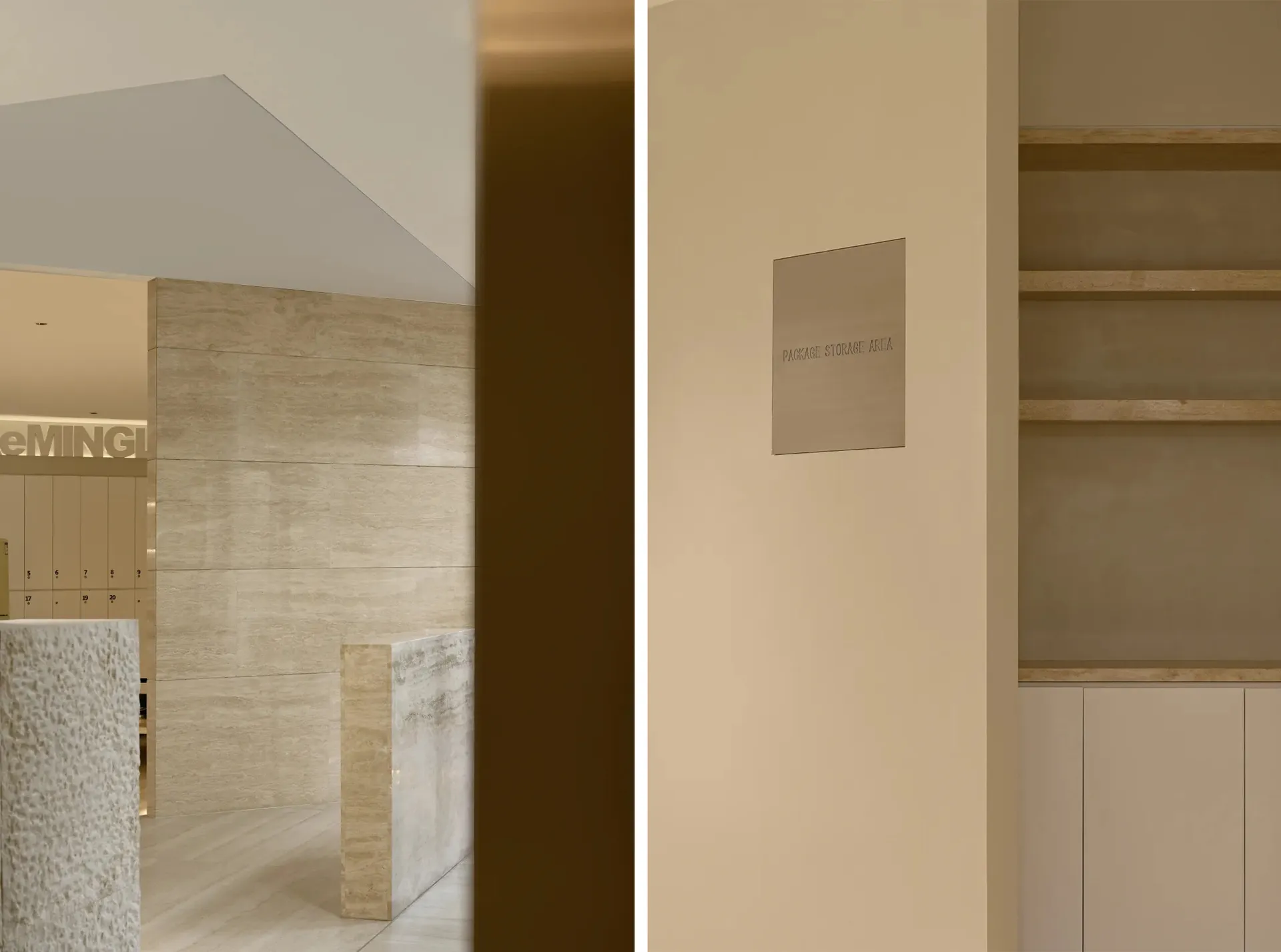 Minimalist package storage area with stone materials, designed for organization and functionality.