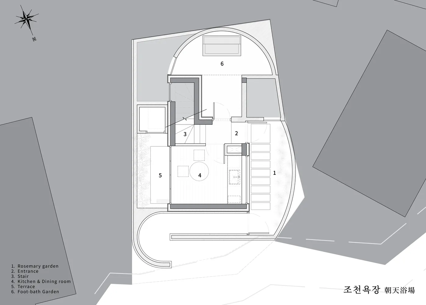 Floor plan of a modern terraced house with distinct rooms and outdoor garden areas.