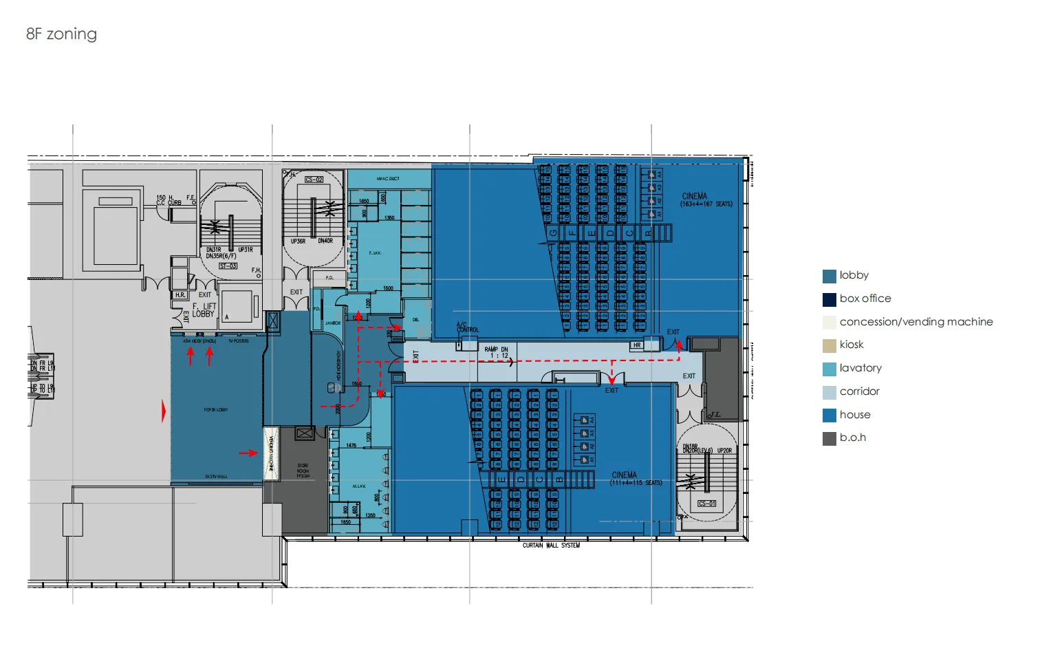 A detailed architectural blueprint of a cinema hall showing the layout, seating arrangement, and functional zones.