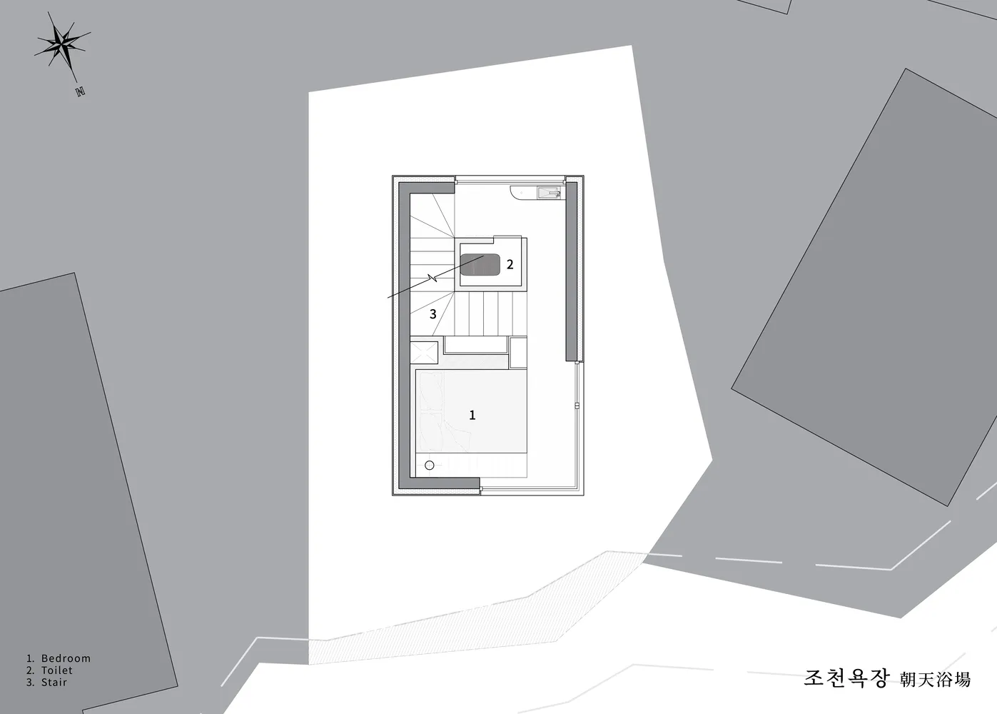 Minimalist residential floor plan showing a bedroom, toilet, and stairs.