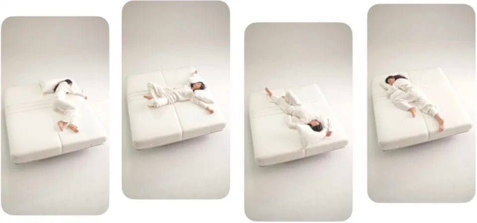Four different sleeping poses on a white convertible sofa.
