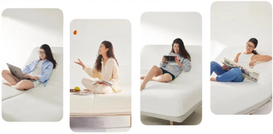 一位女士以各種放鬆姿態坐在白色床上，從事不同活動。