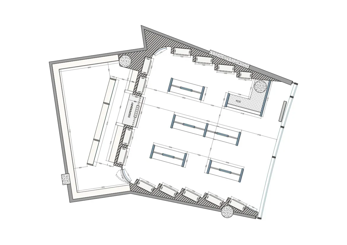 Detailed furniture layout plan for a coffee shop interior design