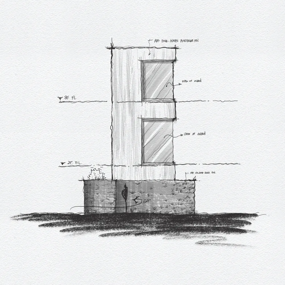 Drawing of a modern exterior with concrete and glass materials.