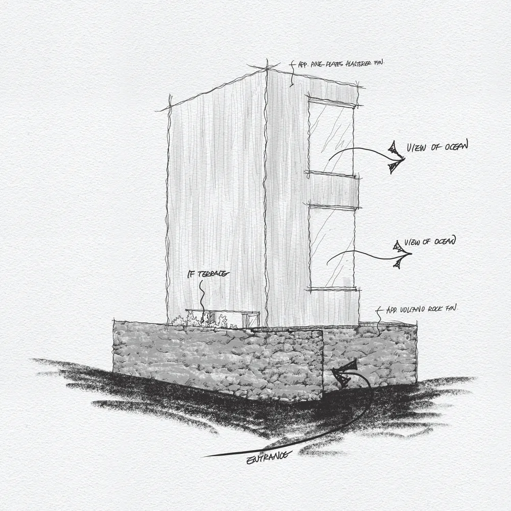 A modern residential building with a concrete and glass exterior, featuring a terrace with ocean views.