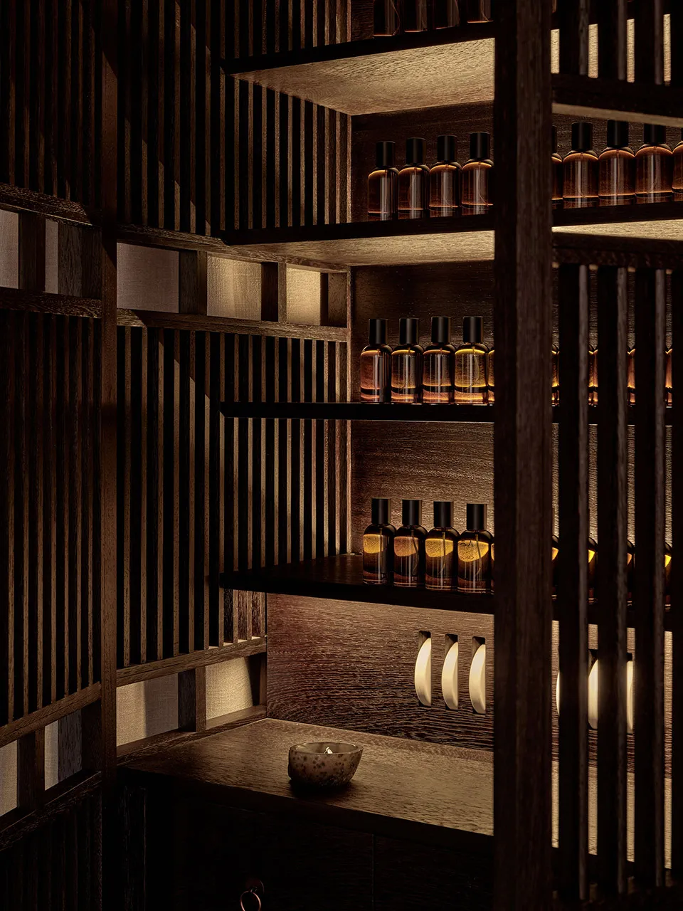 A wooden shelf with multiple bottles arranged neatly.
