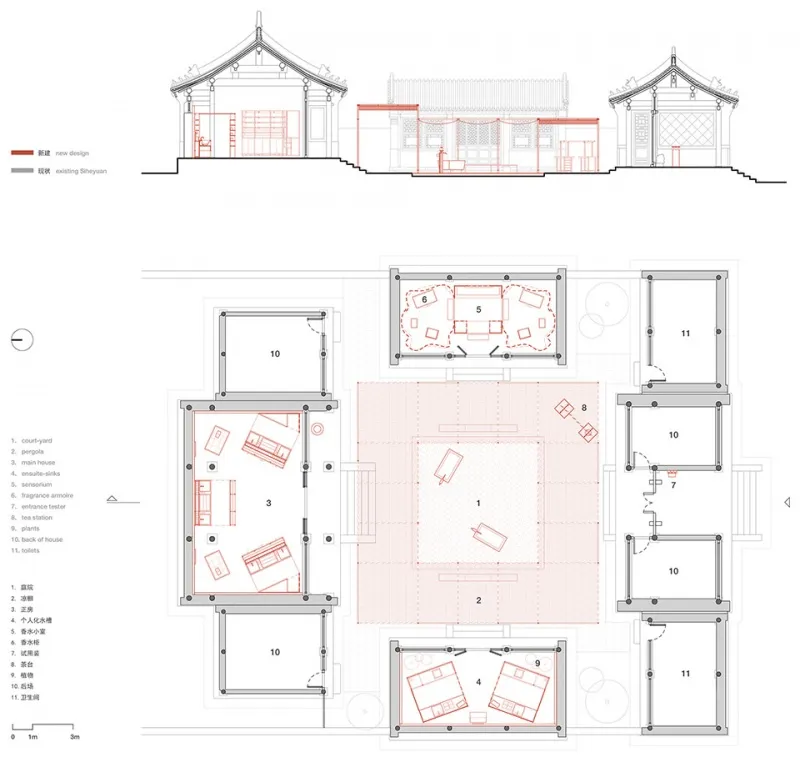 傳統中式建築的詳細2D建築圖,展示各個房間與空間配置。