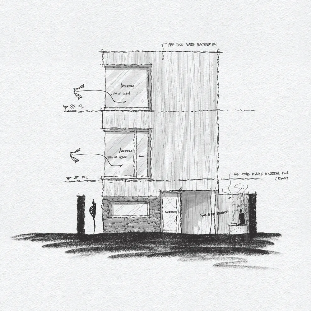 Modern residential interior featuring concrete and glass materials with a terrace