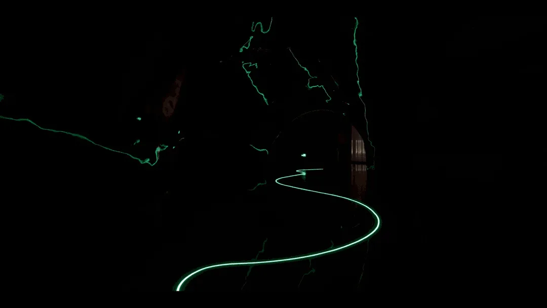 A minimalistic tunnel with a winding electric light guiding the way