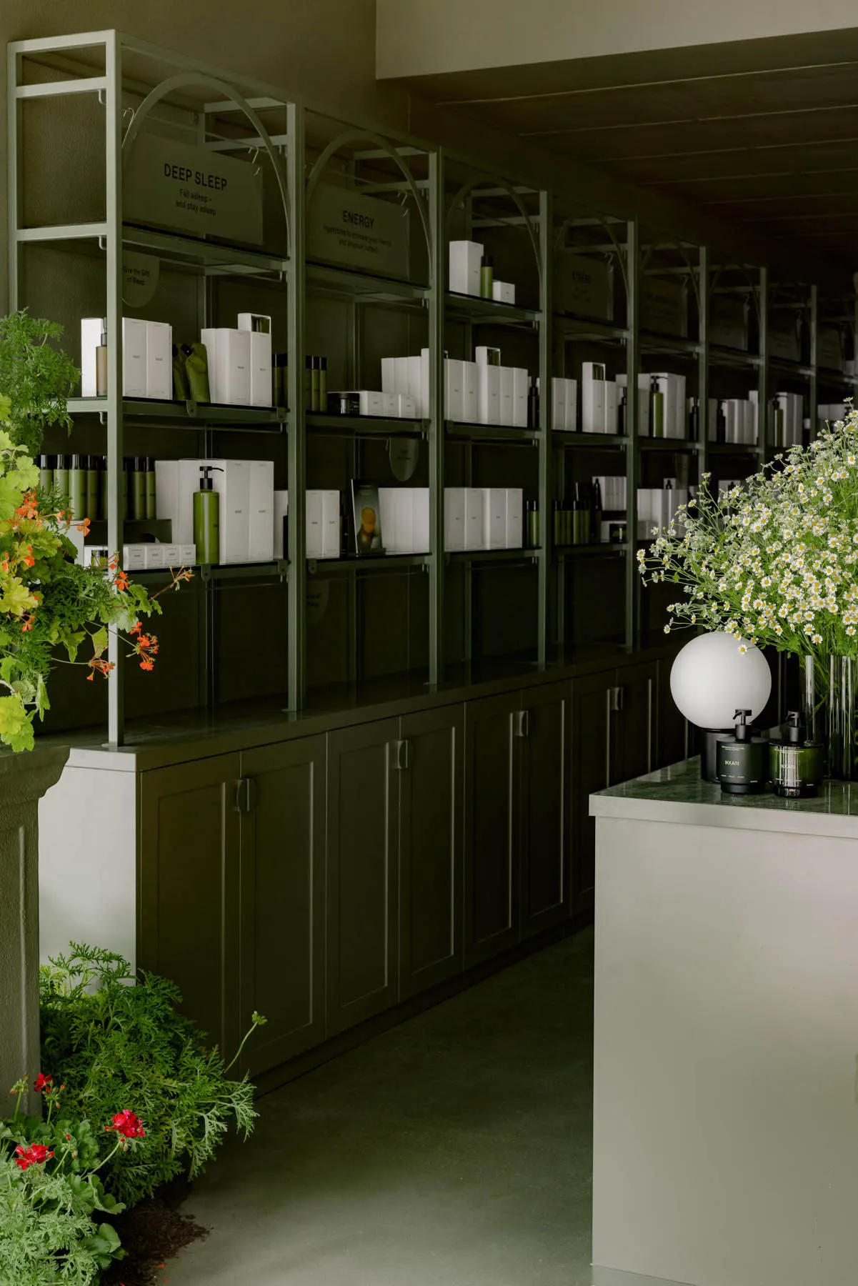 Modern spa retail interior with glass shelves and flowers decor.