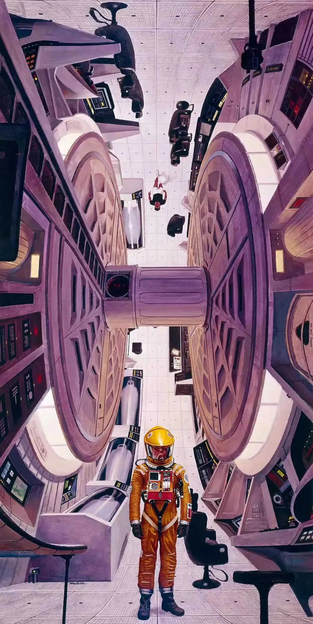 An astronaut in a futuristic space station, surrounded by advanced technology and floating machinery in an upside-down orient