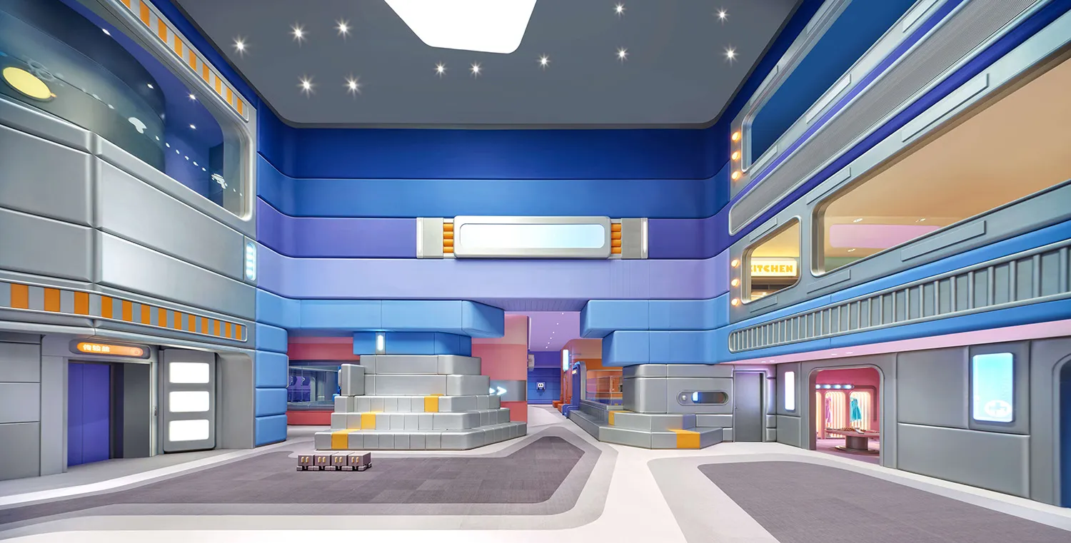A futuristic, metallic-themed interior design with modern, sleek lines and vibrant colors.