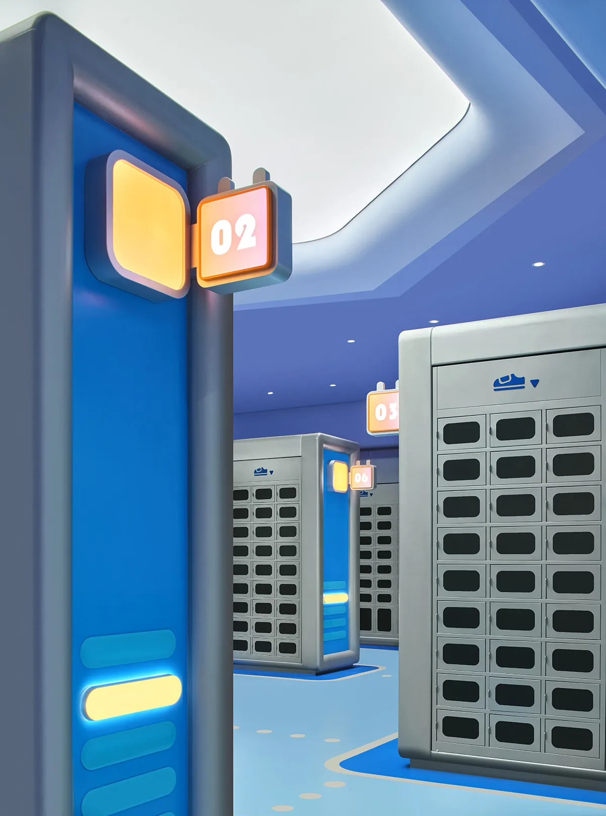 Blue and silver self-service lockers with numerical indicators in a retail setting.
