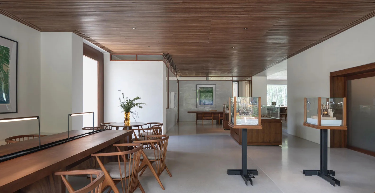 Modern interior with wooden elements, featuring contemporary furniture and design.
