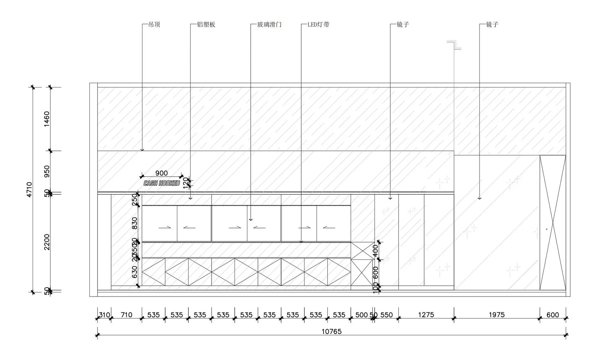 2D architectural drawing of a modern retail storefront with glass sliding doors and a glass wall.
