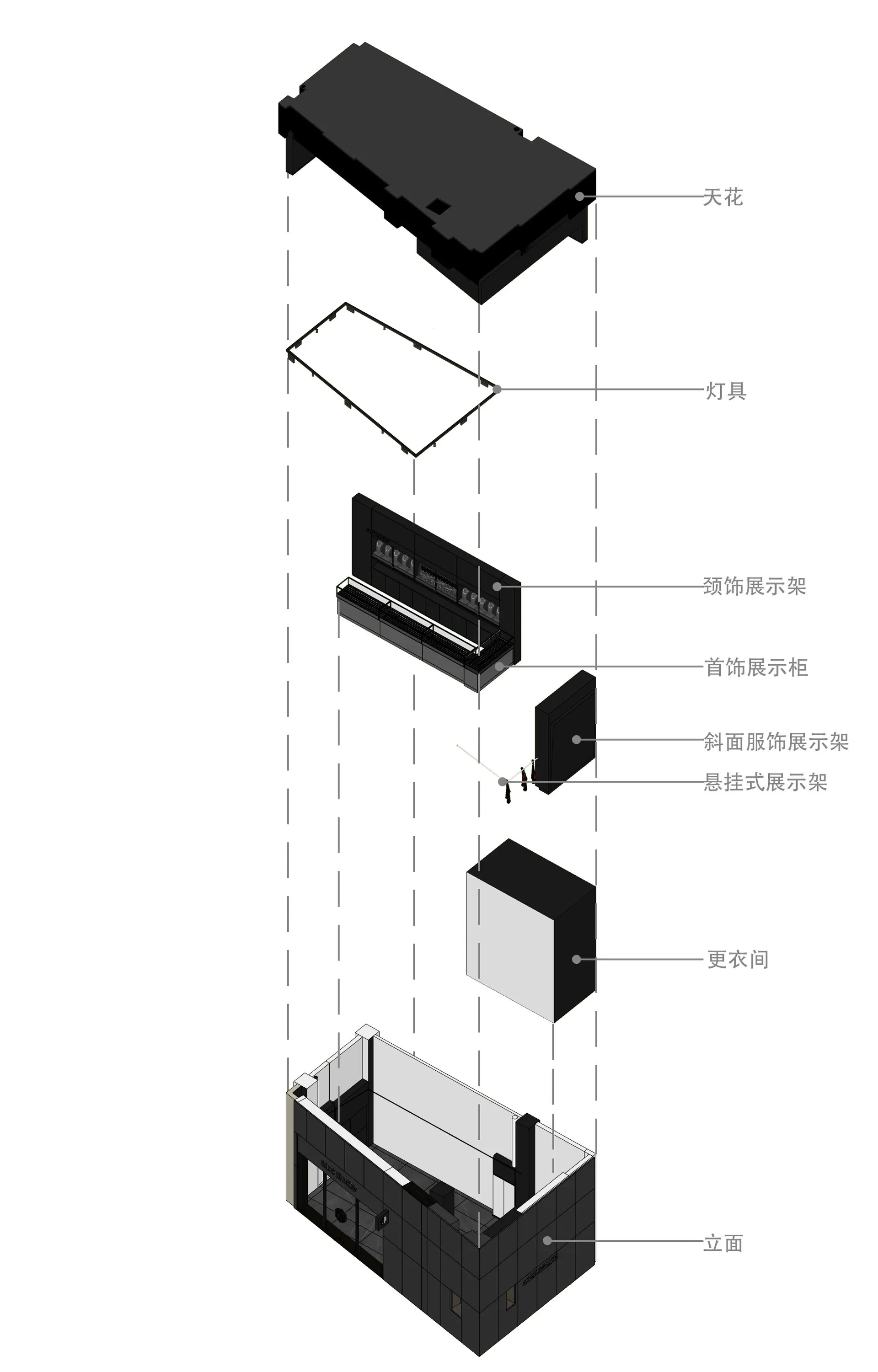 A rendering of a retail storefront with a black metallic exterior and various interior elements such as ceiling, lights, disp