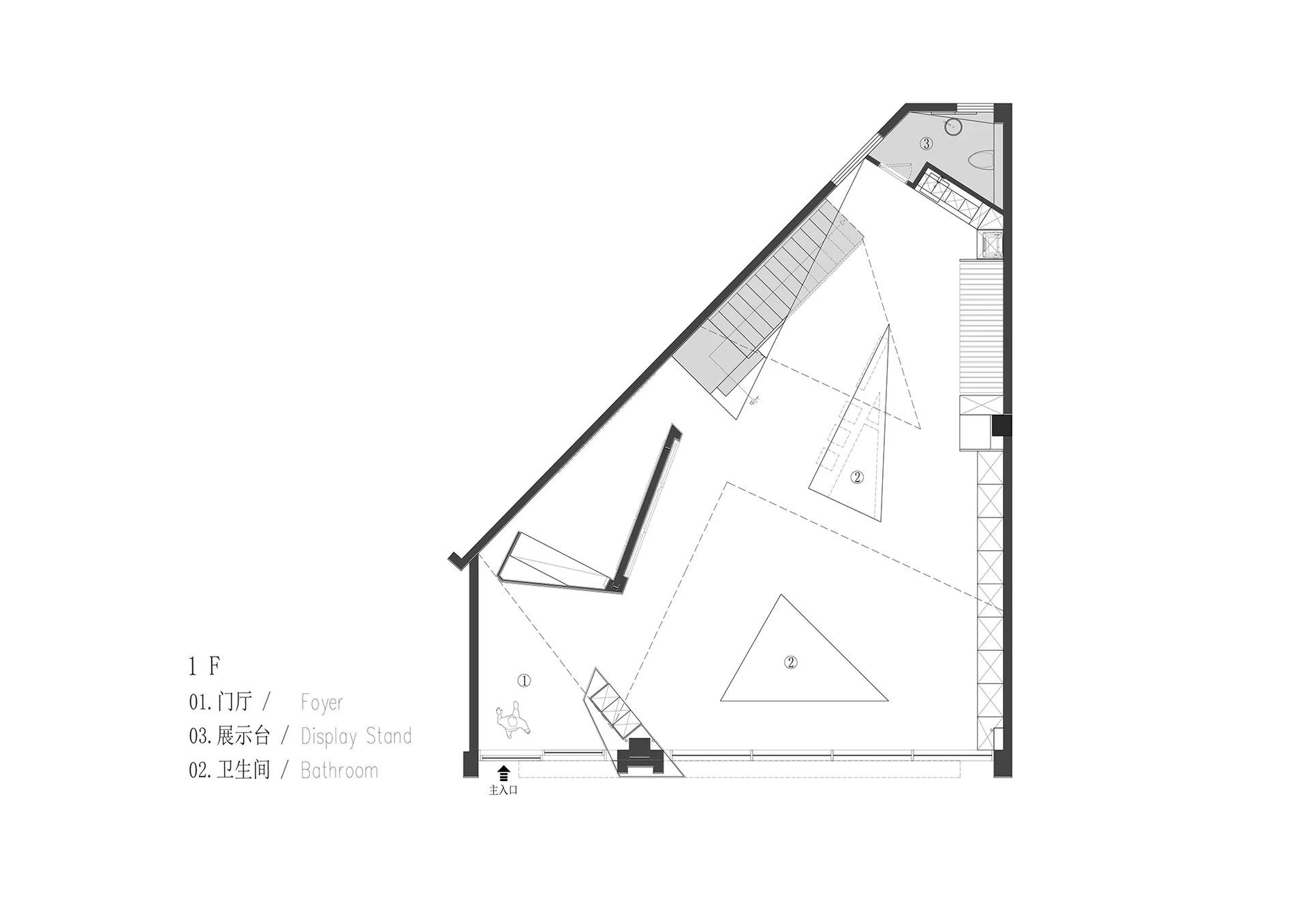 Floor plan of a white space interior with various functional zones and structural elements.