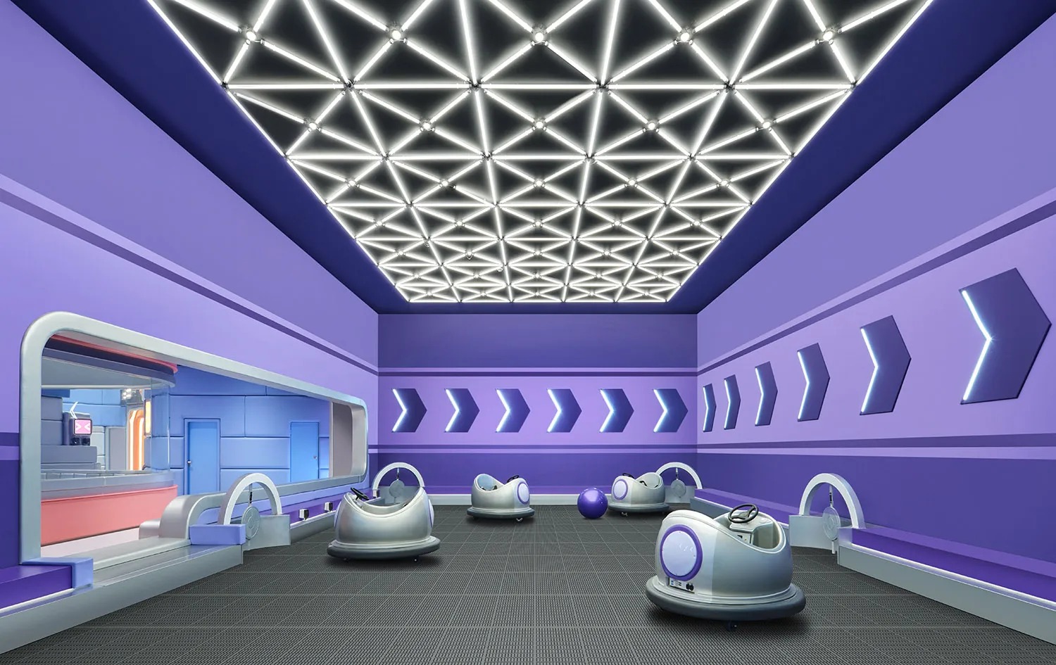 An industrial-style gymnasium with metallic bumper cars and futuristic lighting.