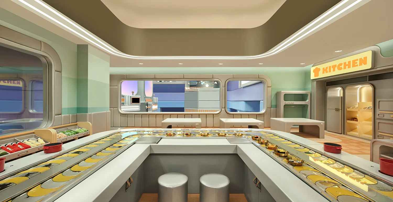 A modern restaurant kitchen with a conveyor belt counter displaying a variety of dishes, white stools, and a sign reading 'Ki