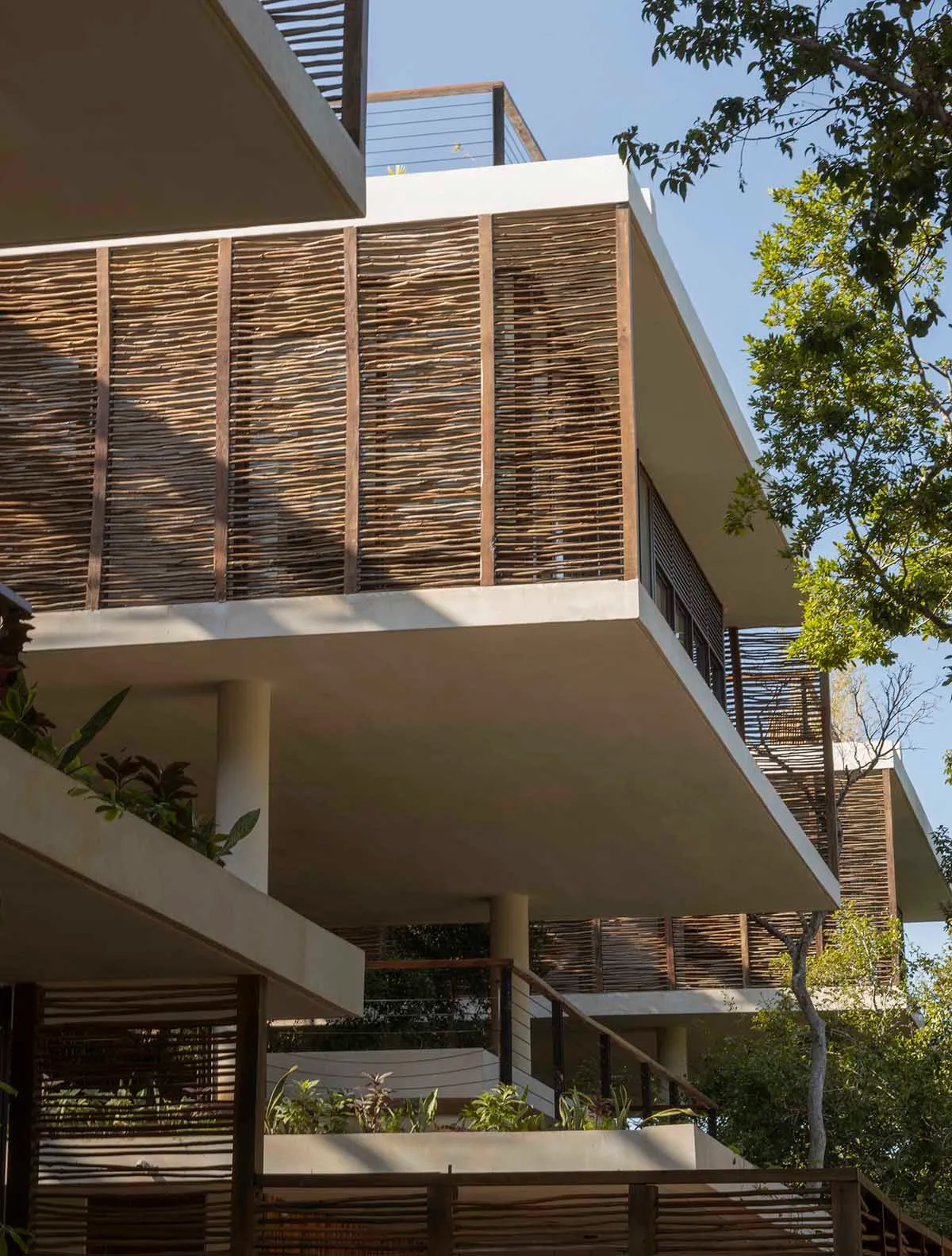 Modern residential building with wooden exterior and concrete walls.