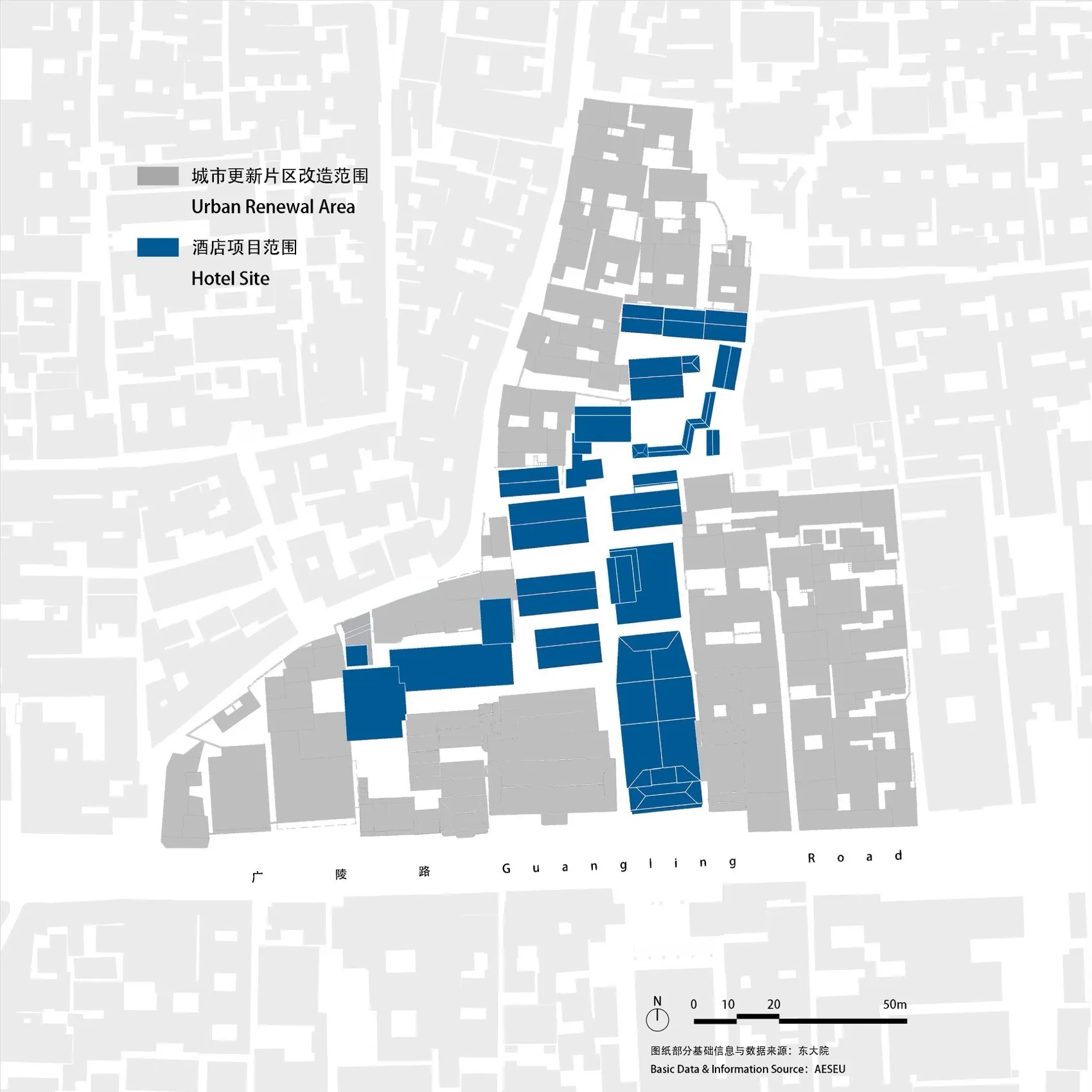 A detailed architectural floor plan of an urban renewal development showing hotel sites and urban renewal areas.