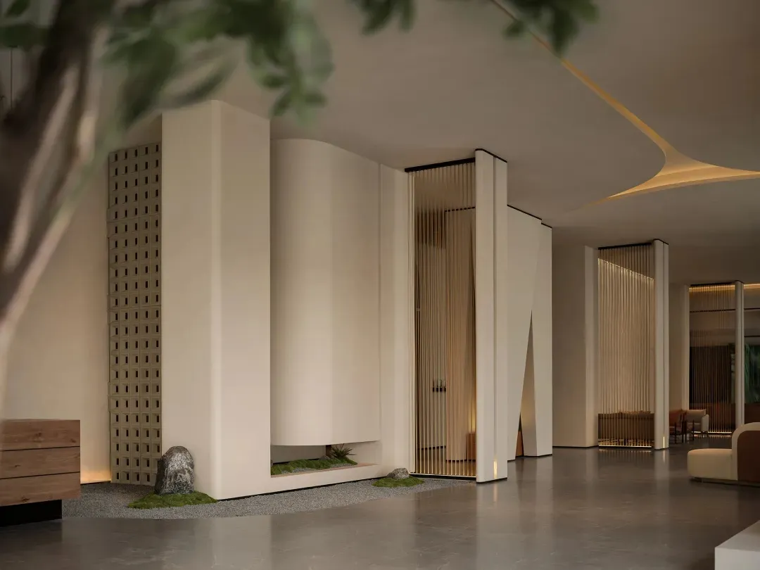 Modern lobby featuring concrete elements for a sleek and contemporary aesthetic.